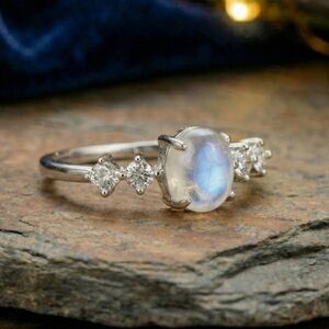 Moonstone Dainty Ring S925 Sterling Silver Genuine Gemstone CZ Stones Sz 10